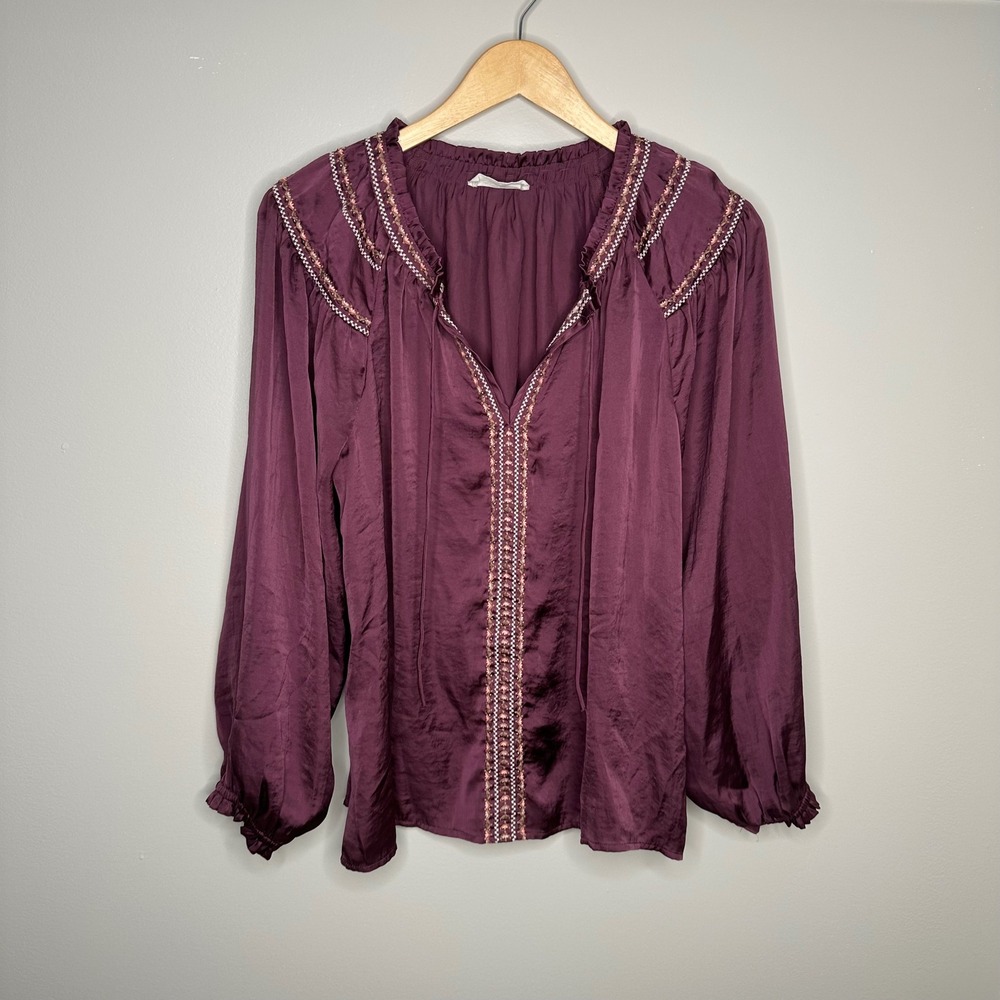 Lucky Brand Embroidered Peasant Top Plum Purple Blouse Long Sleeve Boho Women M - Picture 3 of 9
